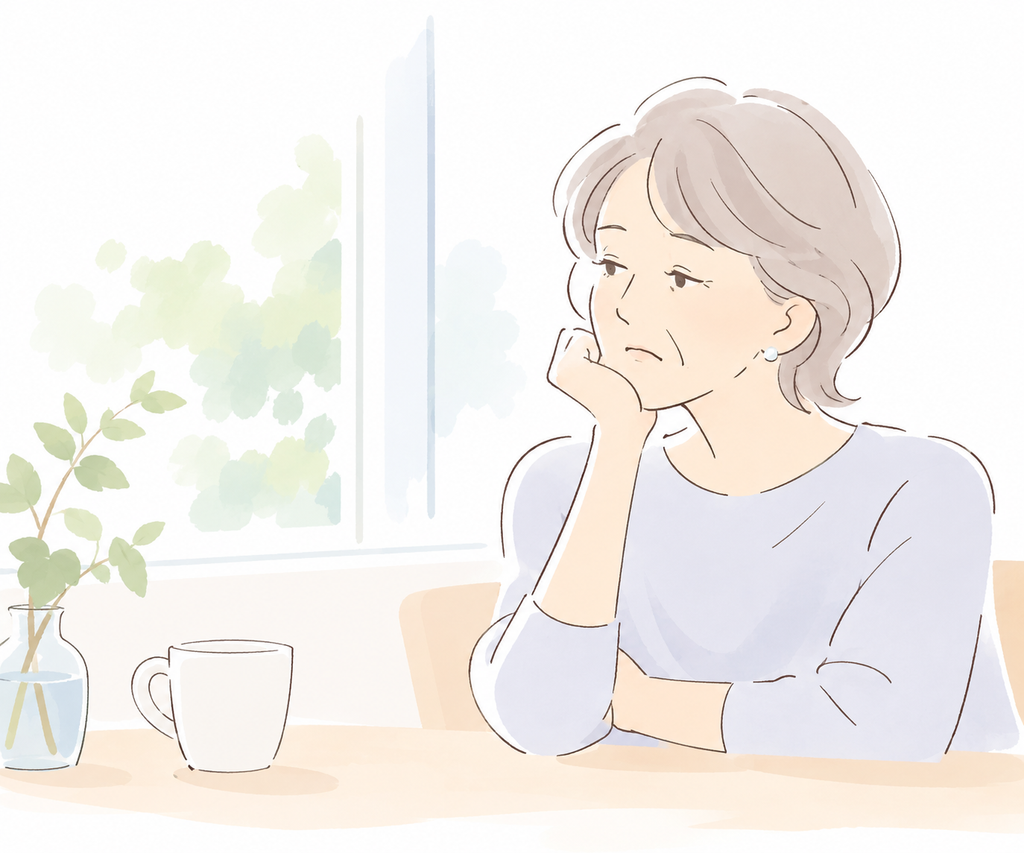 50代・60代からの矯正治療に不安を感じ、窓辺で考える女性の水彩イラスト