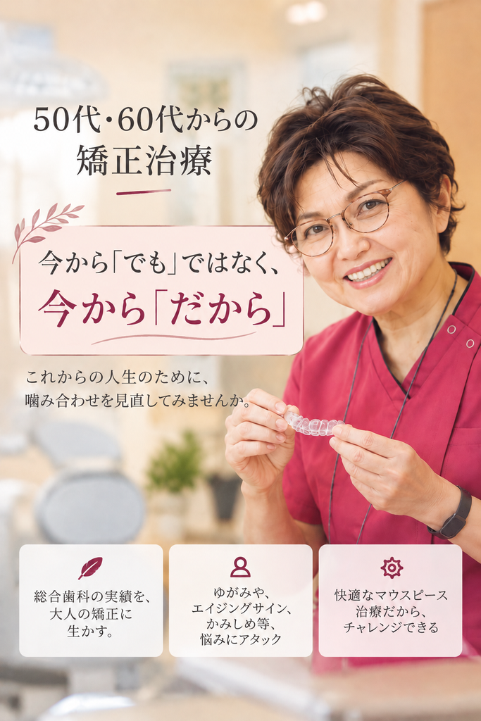 50代・60代からの矯正治療を紹介する、マウスピースを手に持ったうらかわ歯科医院の歯科医師